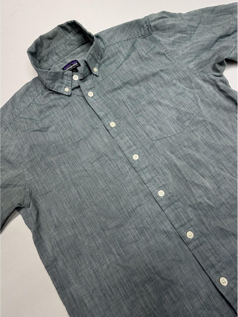 Patagonia Organic Cotton Button Down Shirt Short Sleeve Mens Gray Blue Small